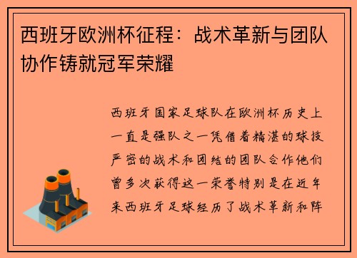 西班牙欧洲杯征程：战术革新与团队协作铸就冠军荣耀
